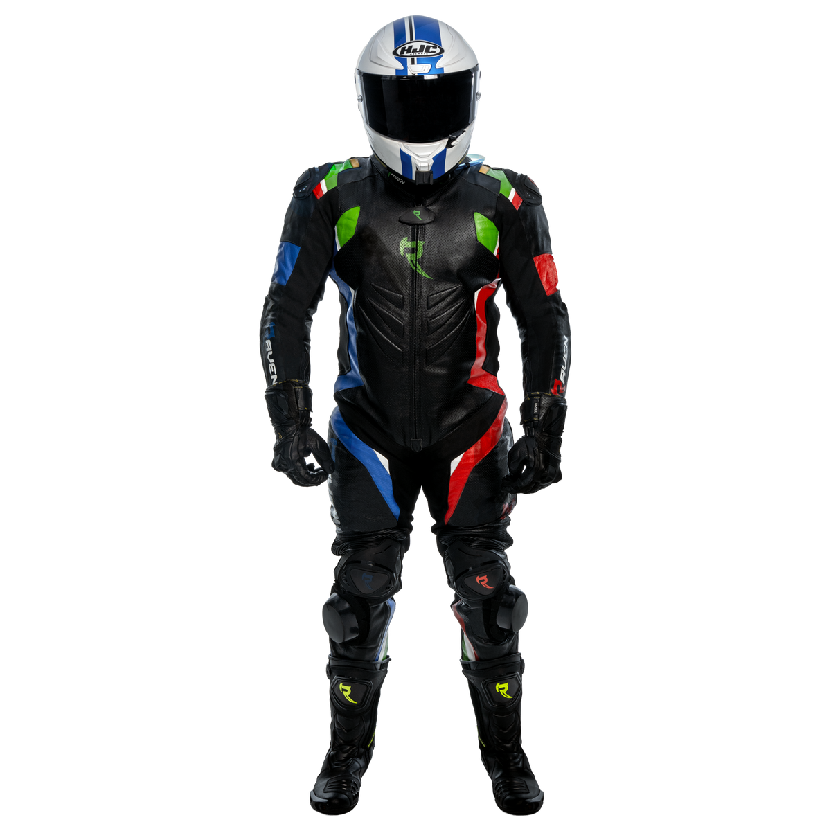 black motorcycle suit and helmet VELOX EVO Race | RAVEN Moto With a sporty design Color:Matte Camo Black Arai profile riptide | trek fx3 sticker