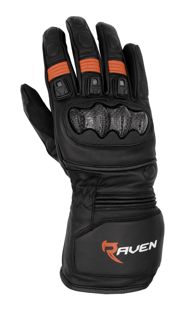 ROGUE - Black and Orange Leather Motorcycle Long Cuff Gauntlet Glove by RAVEN Moto