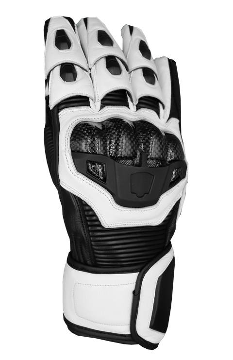 RAVEN Moto STORM - Black and White Leather Motorcycle Long Cuff Gauntlet Gloves