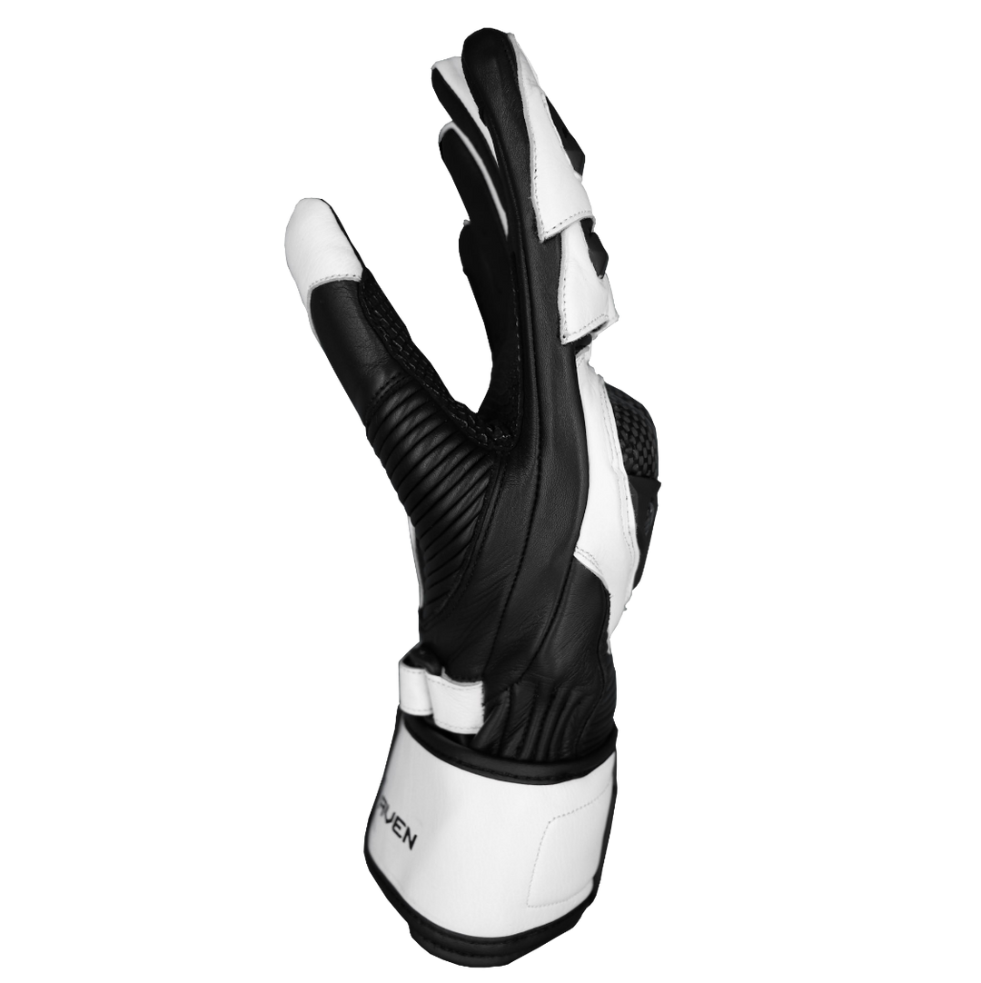 RAVEN Moto STORM - Black and White Leather Motorcycle Long Cuff Gauntlet Gloves