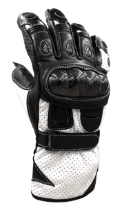 KARMA - Black and White Leather Gauntlet Long Cuff Motorcycle Glove by RAVEN Moto