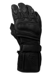 An all-black, stealth, long cuff gauntlet leather motorcycle glove by RAVEN Moto