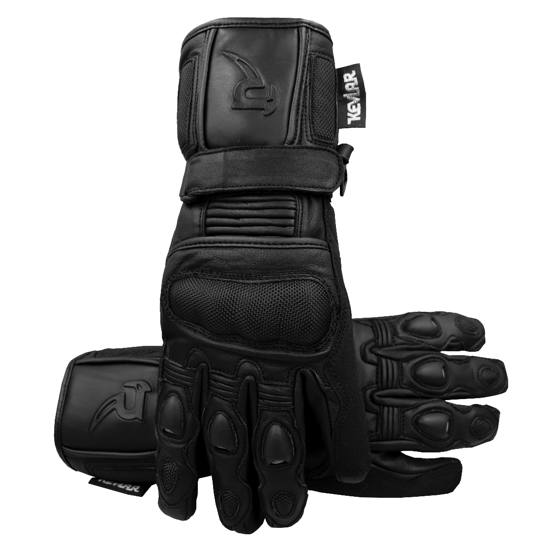 An all-black, stealth, long cuff gauntlet leather motorcycle glove by RAVEN Moto