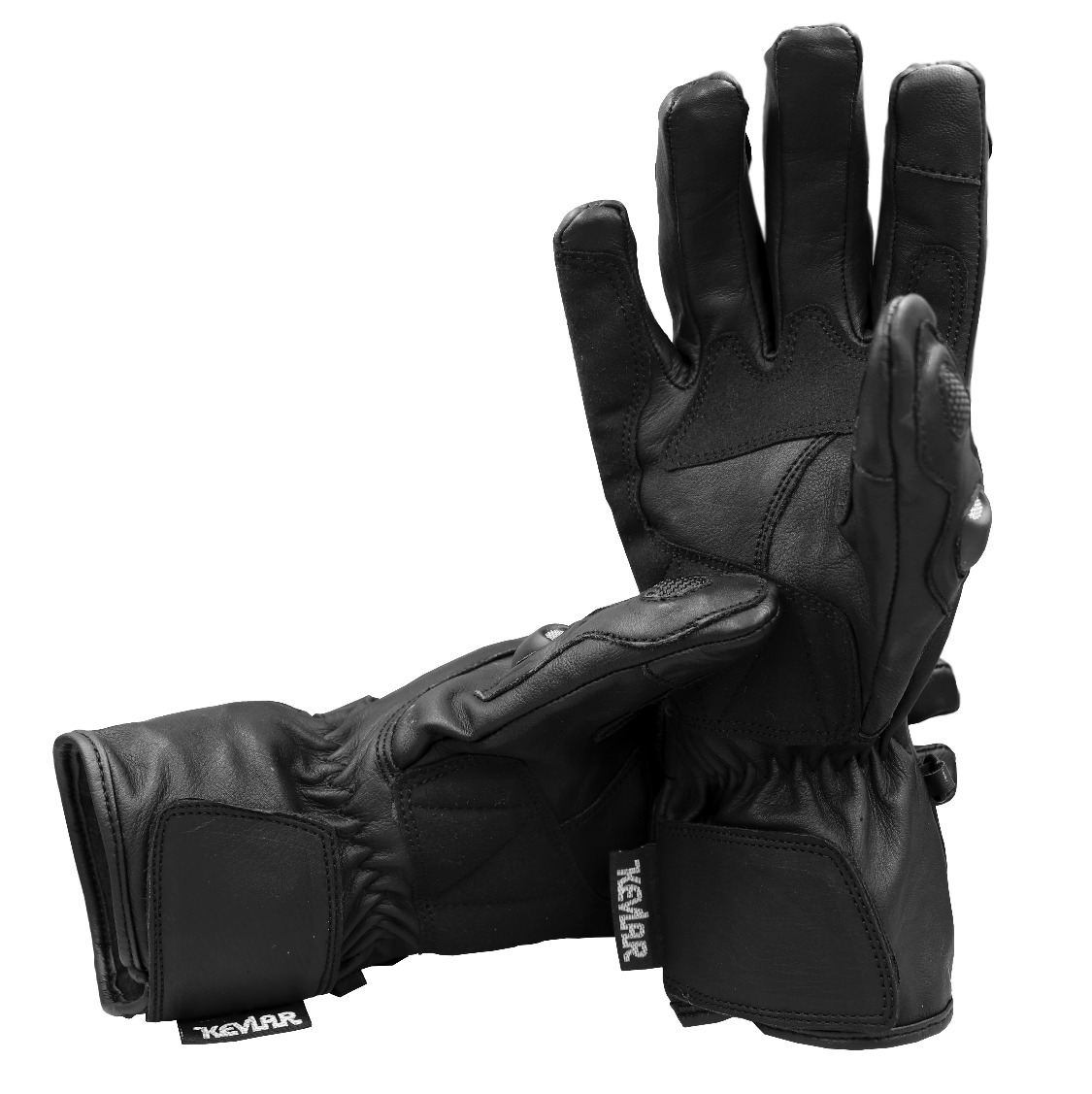 An all-black, stealth, long cuff gauntlet leather motorcycle glove by RAVEN Moto