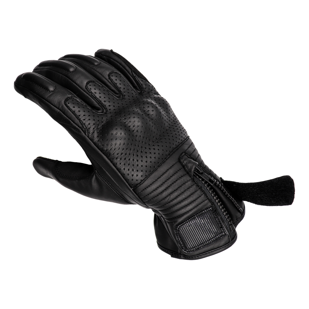 A short-cuff cowhide leather motorcycle glove made by RAVEN Moto, with a hook and loop fastener and zipper enclosure