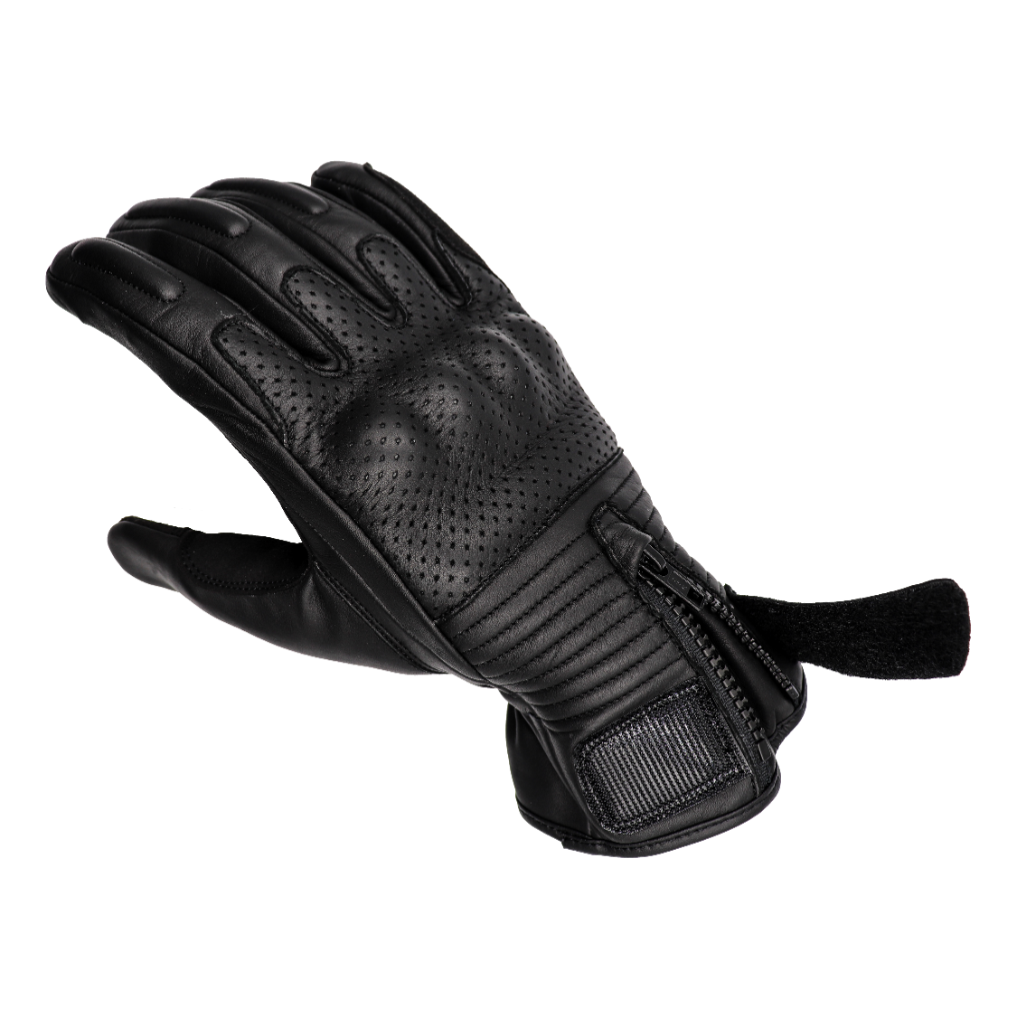 A short-cuff cowhide leather motorcycle glove made by RAVEN Moto, with a hook and loop fastener and zipper enclosure