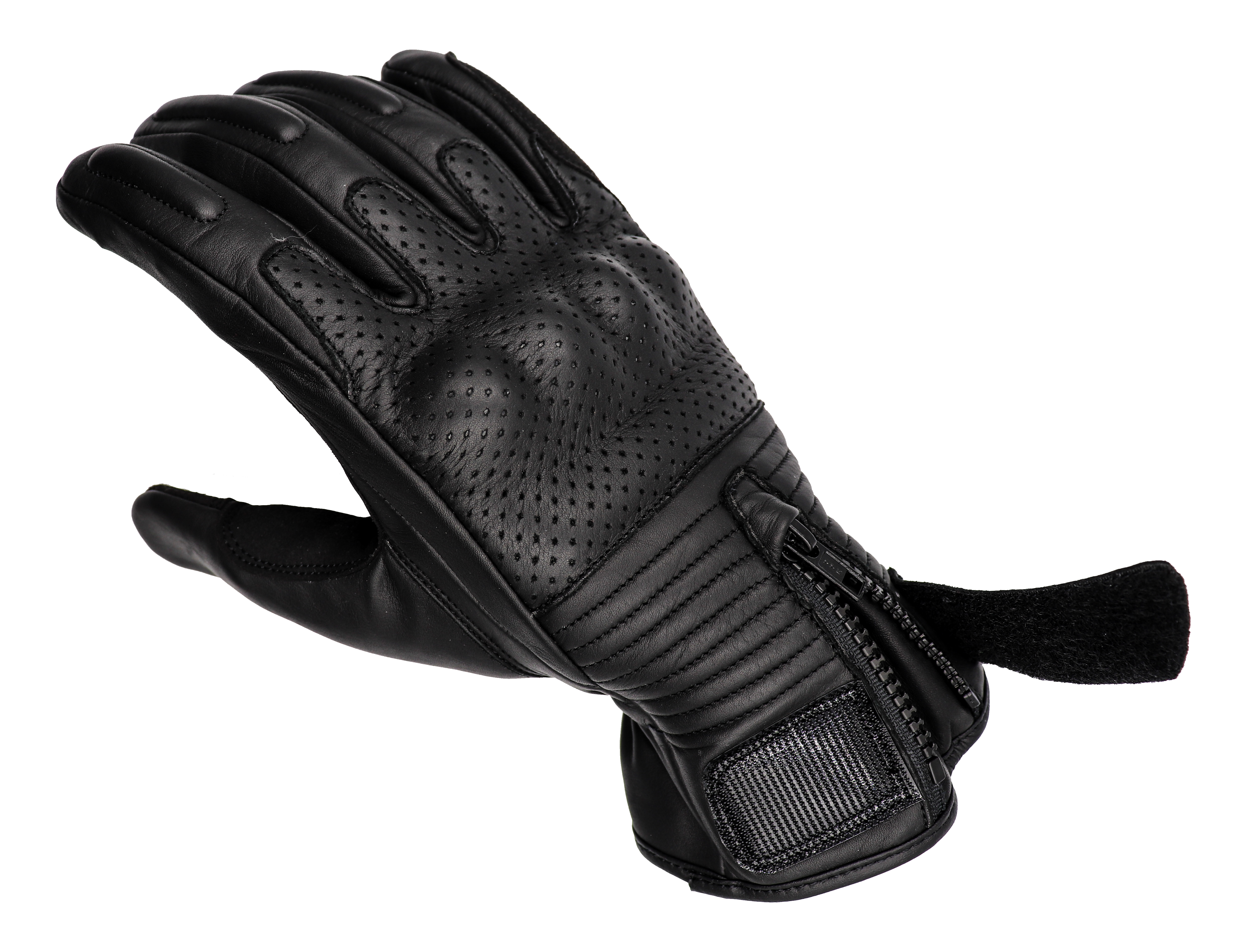 A short-cuff cowhide leather motorcycle glove made by RAVEN Moto, with a hook and loop fastener and zipper enclosure