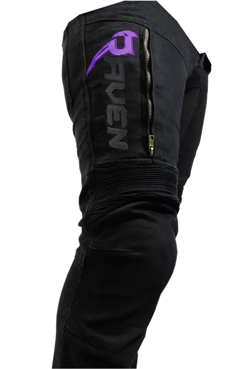 RAVEN Moto Purple Stealth Logo Armored Motorcycle Protective Jeans with CE Level 2 Armor Black Slim Fit Denim