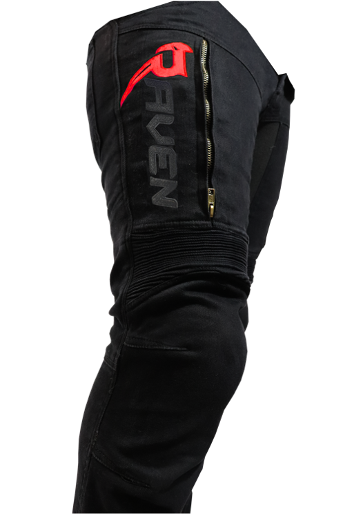 RAVEN Moto ONYX Red Stealth Logo Armored Motorcycle Protective Jeans with CE Level 2 Armor Black Slim Fit Denim