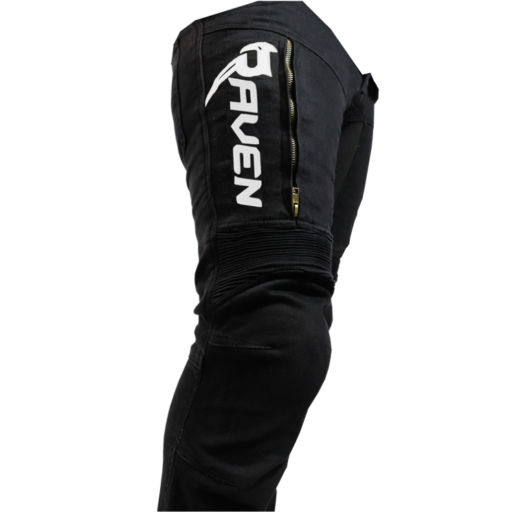 RAVEN Moto ONYX White Logo Armored Motorcycle Protective Jeans with CE Level 2 Armor Black Slim Fit Denim