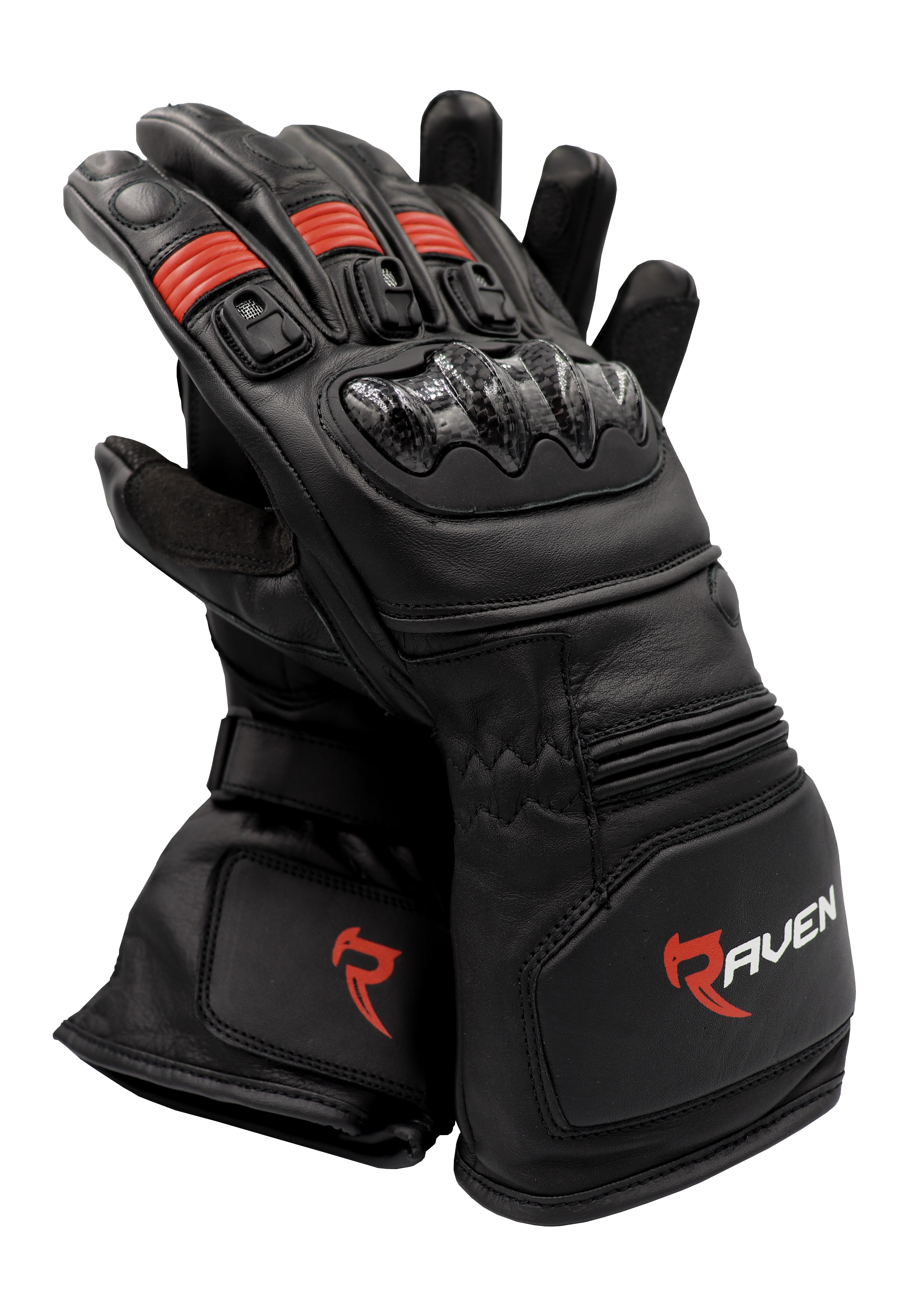 ROGUE - Black and RED Leather Motorcycle Long Cuff Gauntlet Glove by RAVEN Moto 