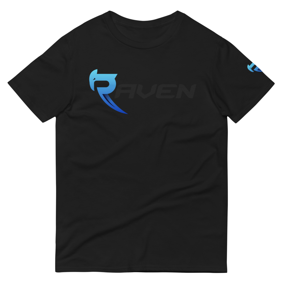 A black cotton t-shirt with blue RAVEN Moto signature logo