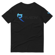 A black cotton t-shirt with blue RAVEN Moto signature logo