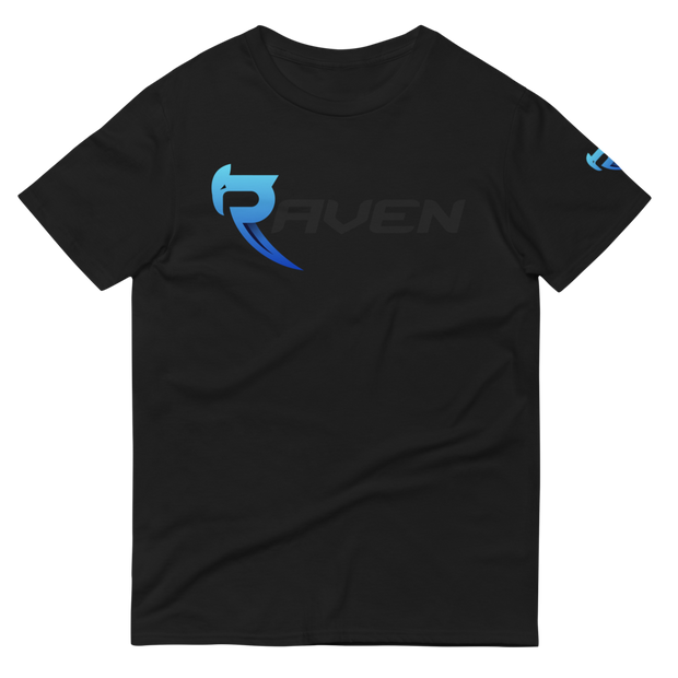 A black cotton t-shirt with blue RAVEN Moto signature logo