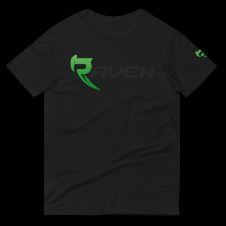 A black cotton t-shirt with green RAVEN Moto signature logo