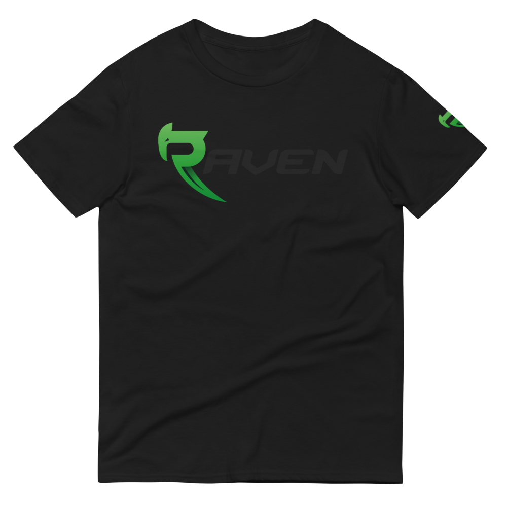 A black cotton t-shirt with green RAVEN Moto signature logo