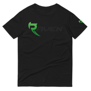 A black cotton t-shirt with green RAVEN Moto signature logo