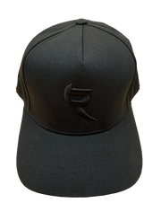 A black cap, curved brim, snapback with a embroidered Raven R Logo