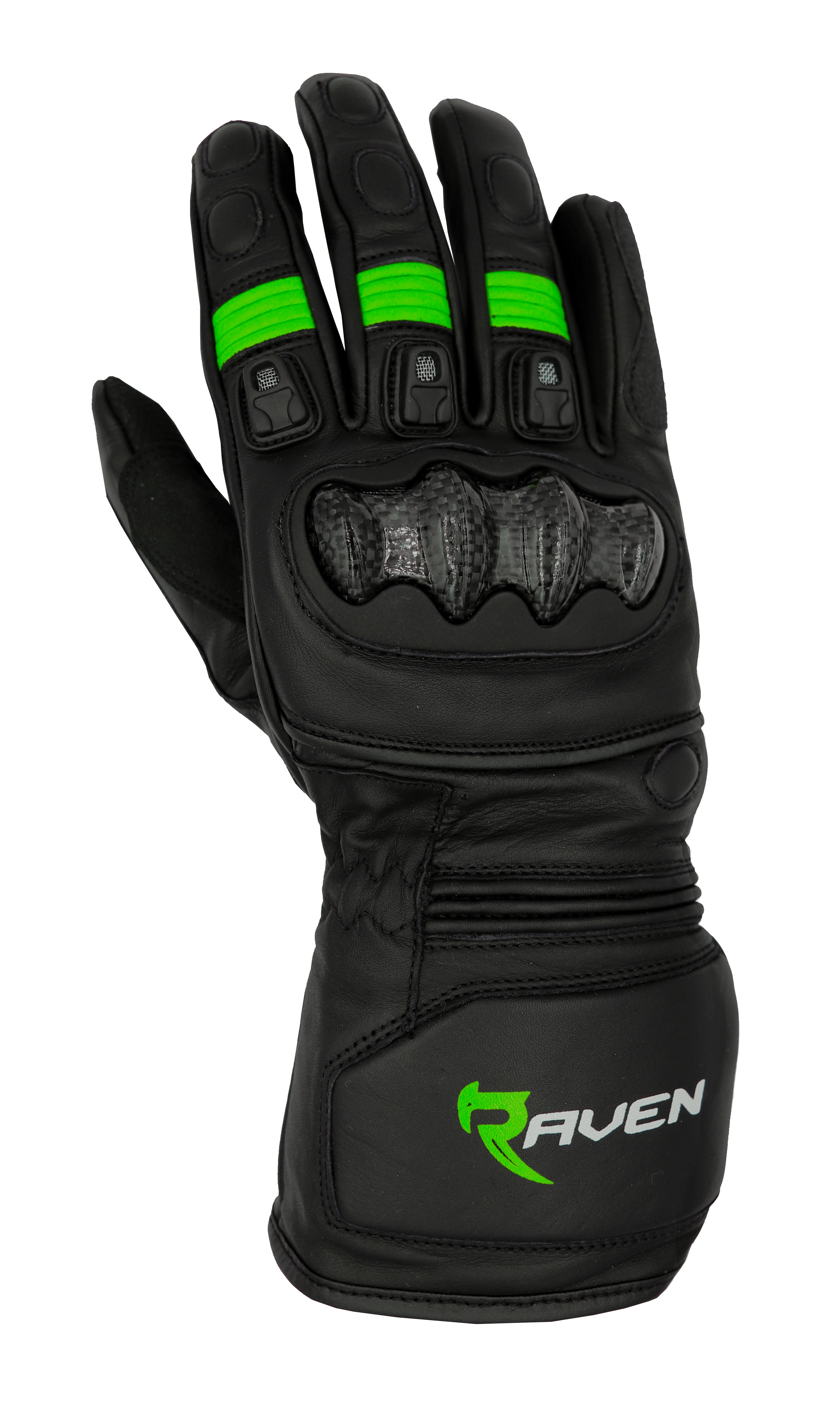 ROGUE - Black and Green Leather Motorcycle Long Cuff Gauntlet Glove by RAVEN Moto