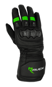 ROGUE - Black and Green Leather Motorcycle Long Cuff Gauntlet Glove by RAVEN Moto