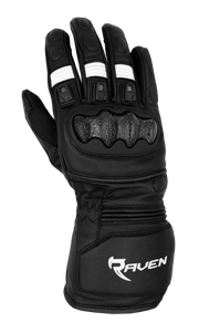 ROGUE - Black and White Leather Motorcycle Long Cuff Gauntlet Glove by RAVEN Moto