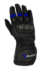 ROGUE - Black and Blue Leather Motorcycle Long Cuff Gauntlet Glove by RAVEN Moto