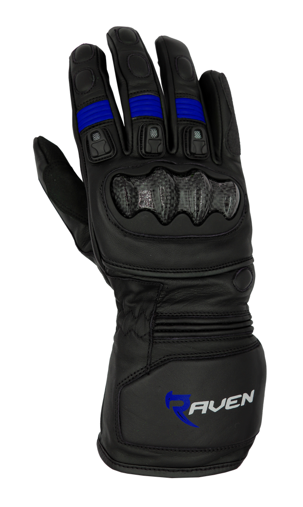 ROGUE - Black and Blue Leather Motorcycle Long Cuff Gauntlet Glove by RAVEN Moto
