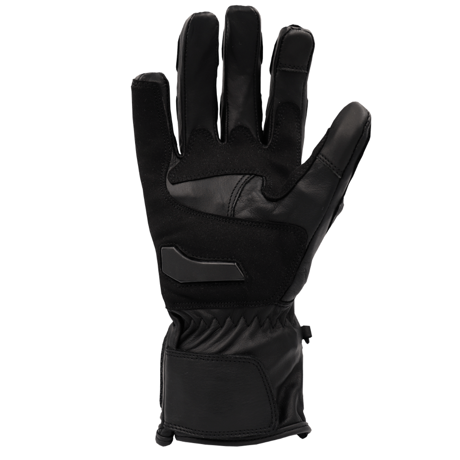 An all-black, stealth, long cuff gauntlet leather motorcycle glove by RAVEN Moto