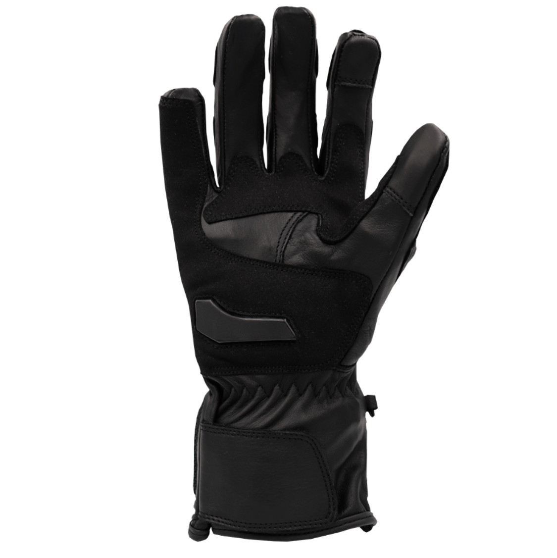 An all-black, stealth, long cuff gauntlet leather motorcycle glove by RAVEN Moto