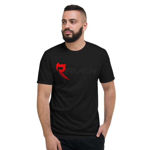 A black cotton t-shirt with red RAVEN Moto signature logo, worn by a young middle eastern male.