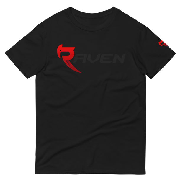 A black cotton t-shirt with red RAVEN Moto signature logo