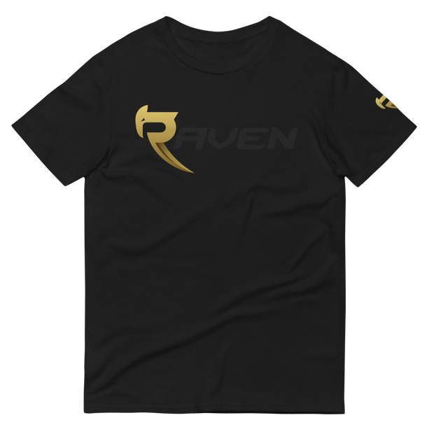 A black cotton t-shirt with gold RAVEN Moto signature logo