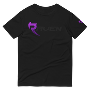 A black cotton t-shirt with purple RAVEN Moto signature logo
