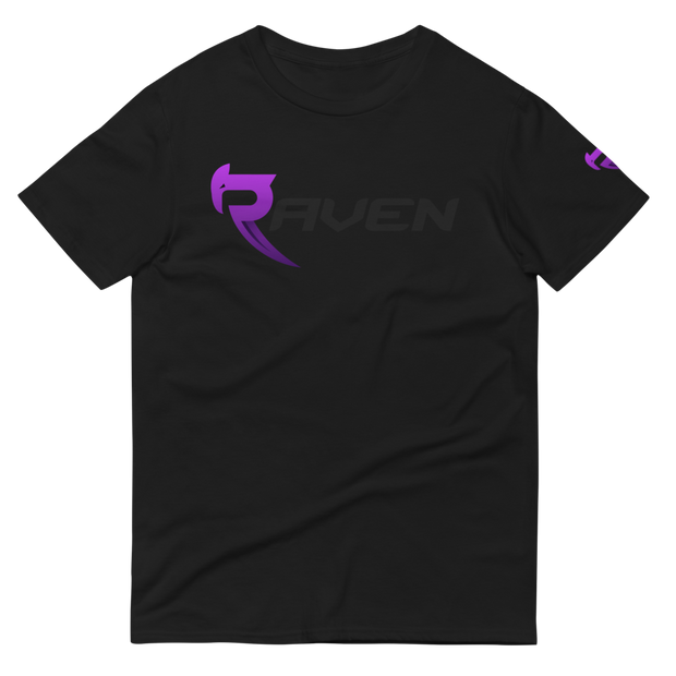 A black cotton t-shirt with purple RAVEN Moto signature logo